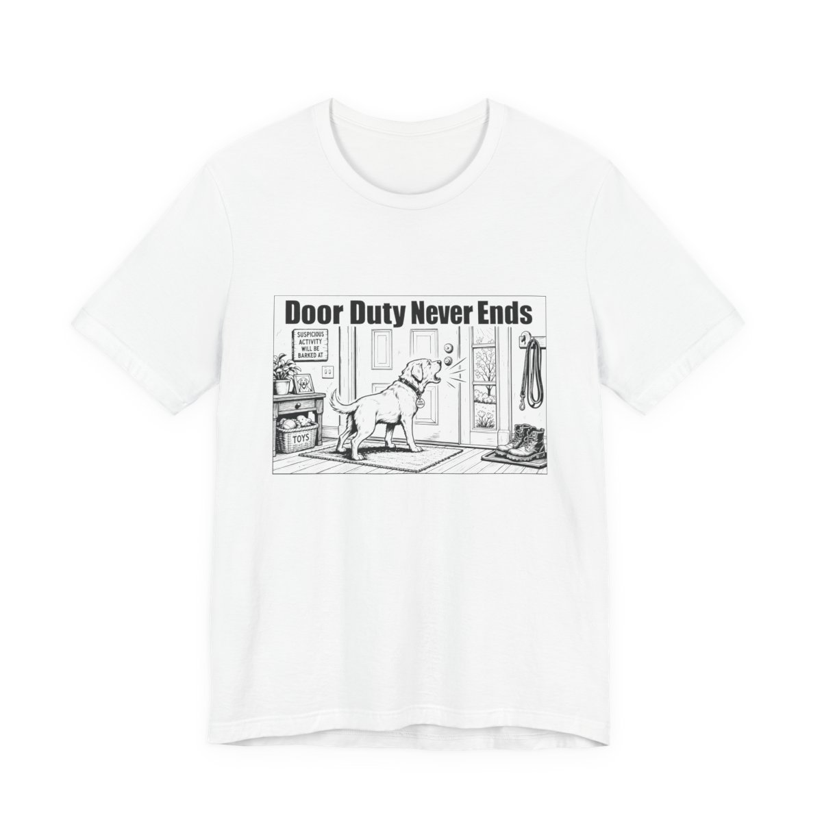 Men’s tee, Door Duty Never Ends